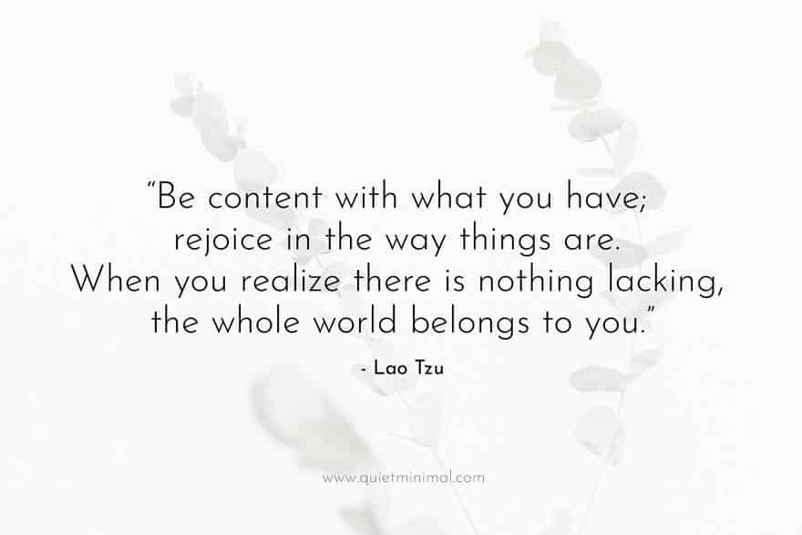 “Be content with what you have; rejoice in the way things are. When you realize there is nothing lacking, the whole world belongs to you.” - Lao Tzu