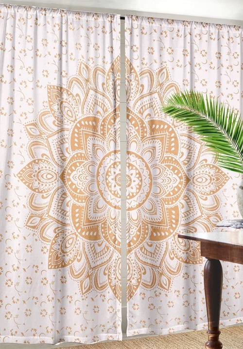 White-Gold Floral Ombre Mandala Curtains Tapestry