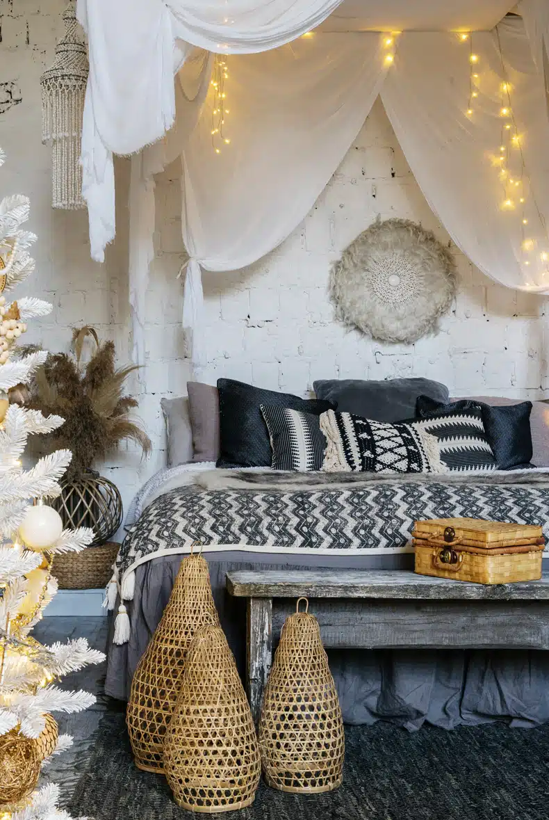 minimalist boho bedroom with rattan