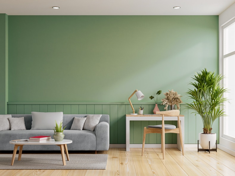grey and green living room interior 