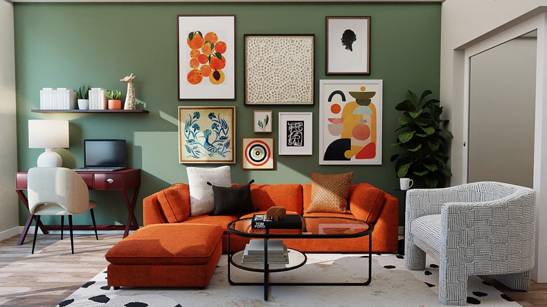 green and orange living room combination