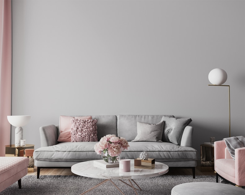 white and grey interior + blush pink furniture
