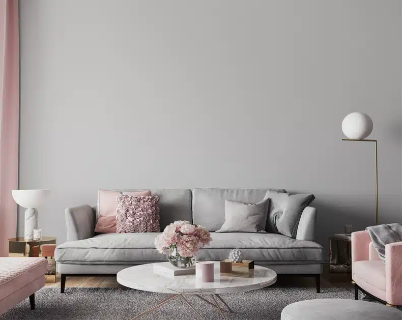white and grey interior + blush pink furniture