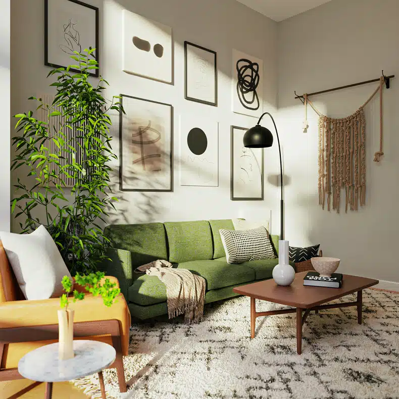 white wall, brown table + sage green sofa