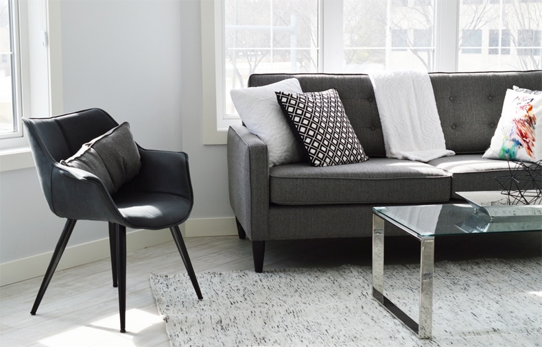 black chair + white and grey living room