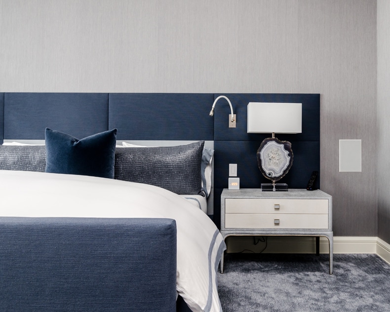 white and blue + gray bedroom scheme
