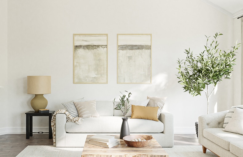 beige sofa decor with eye catching artwork