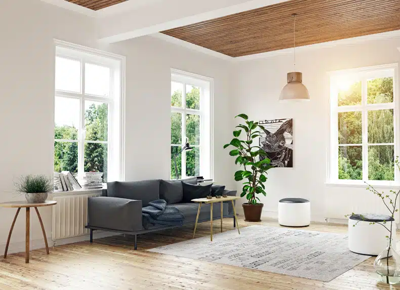 this image depicts a bright minimalist scandinavian living room