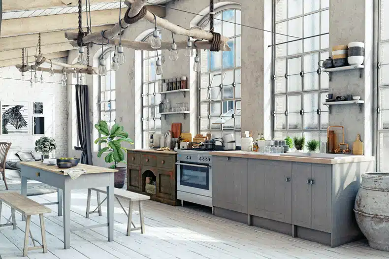metal and glass lighting idea for boho kitchen
