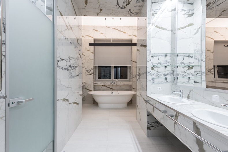 rectangular bathroom with freestanding bath