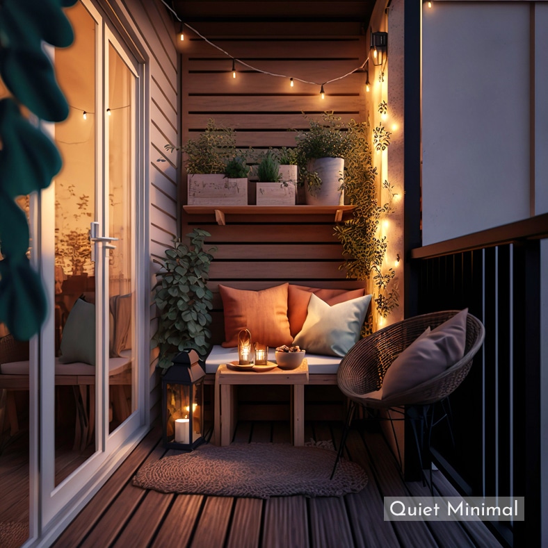 small balcony with twinkle lights