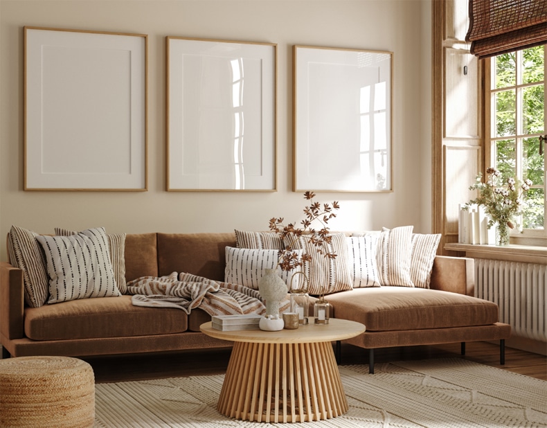 neutral color living room with artwork pieces