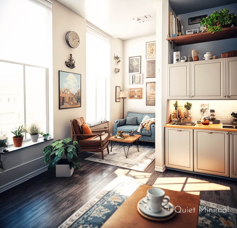 shelving and storage in a retro studio apartment