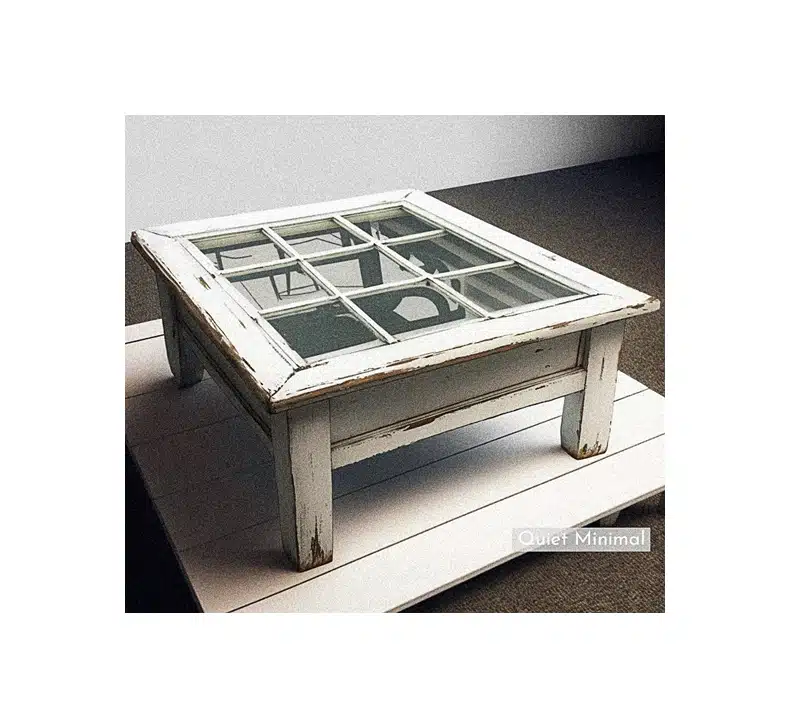 A vintage coffee table incorporating repurposed windows.
