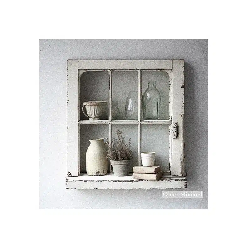 A repurposed white window shelf adorned with vases and jars, creatively transforming old vintage windows into home decor.