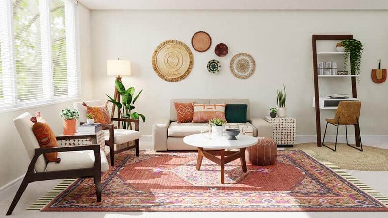 Geometric and intricate patterned textiles add vibrant colors and cultural charm to Mediterranean interior design
