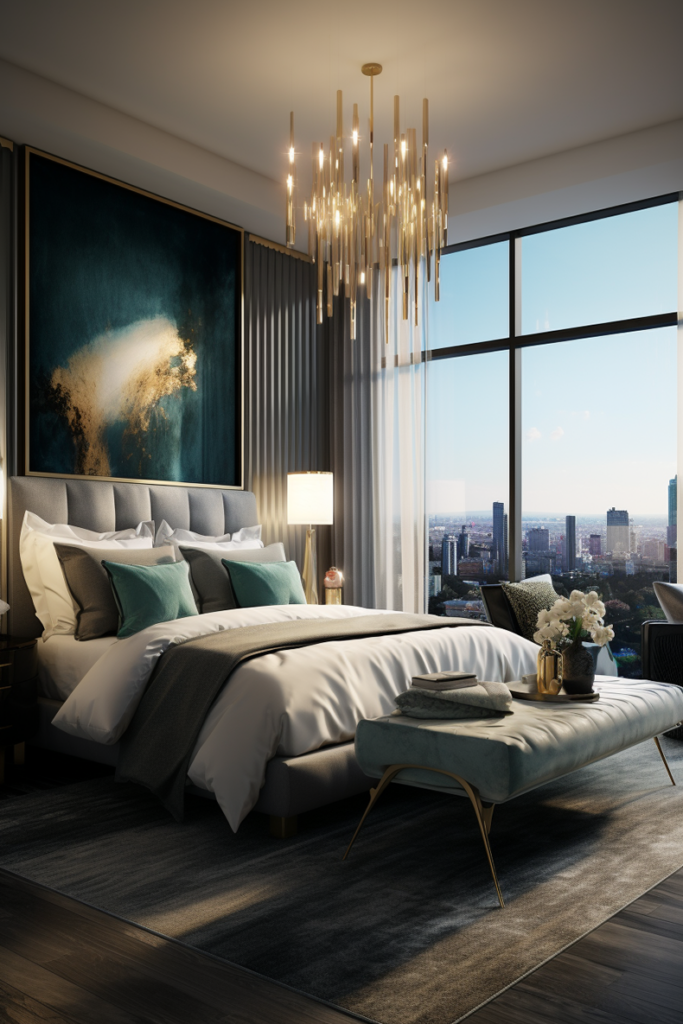 A boujee apartment bedroom with a chandelier overlooking the city.