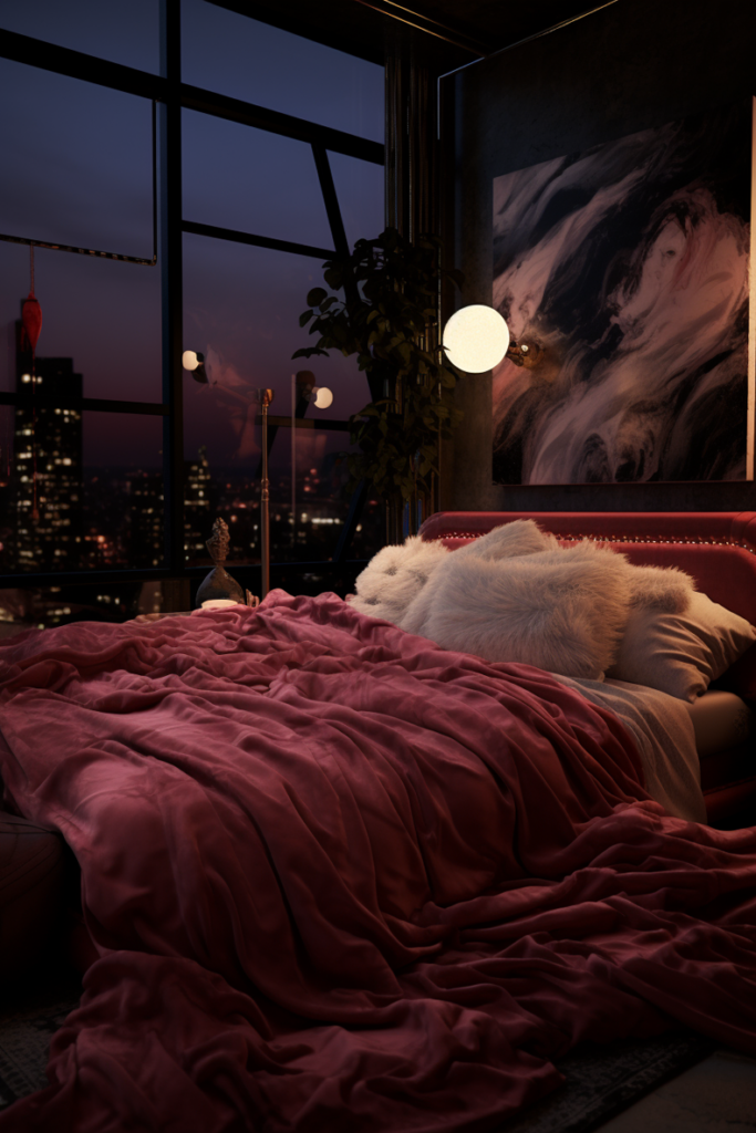 A boujee bedroom with a view of a city.