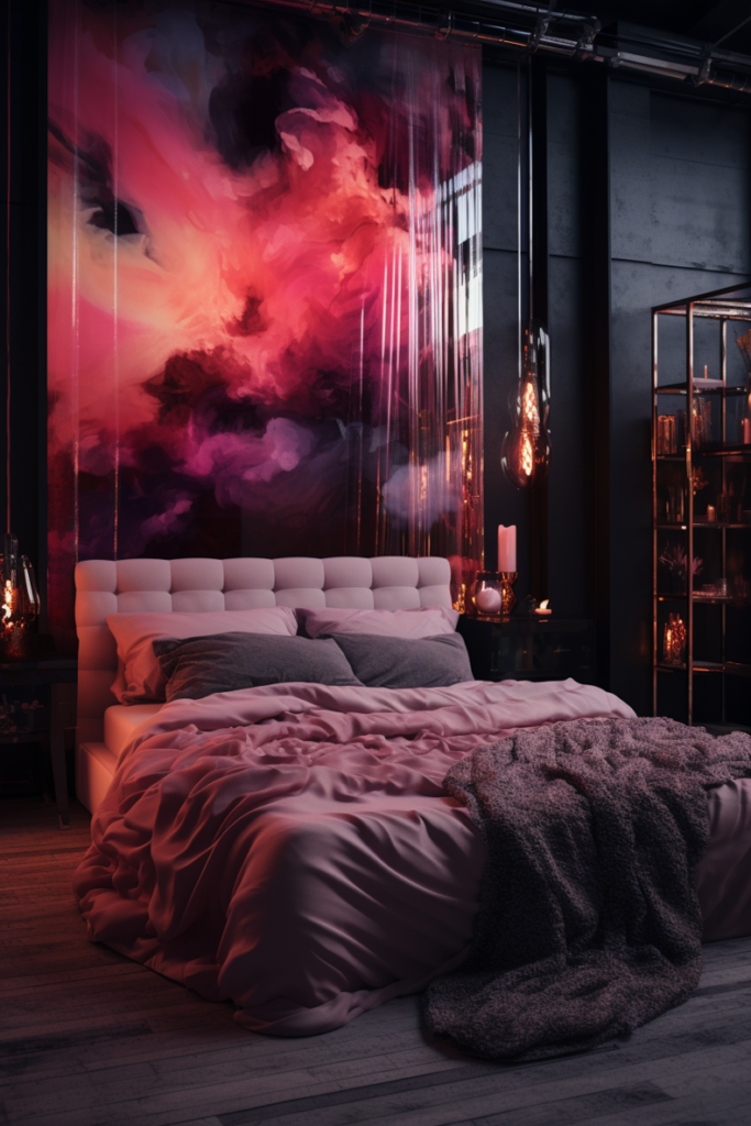 A boujee apartment bedroom with a large painting on the wall.