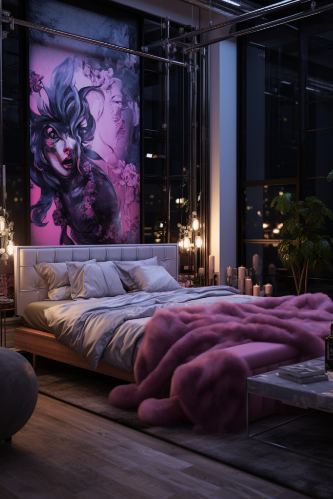 A boujee bedroom featuring a bed and a captivating painting on the wall.