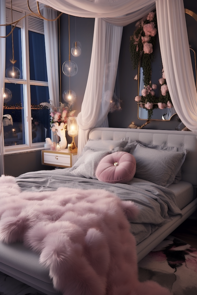A boujee apartment bedroom with a canopy bed dressed in pink fur.