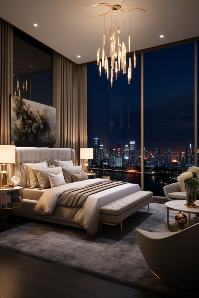 A boujee apartment bedroom with a view of the city at night.