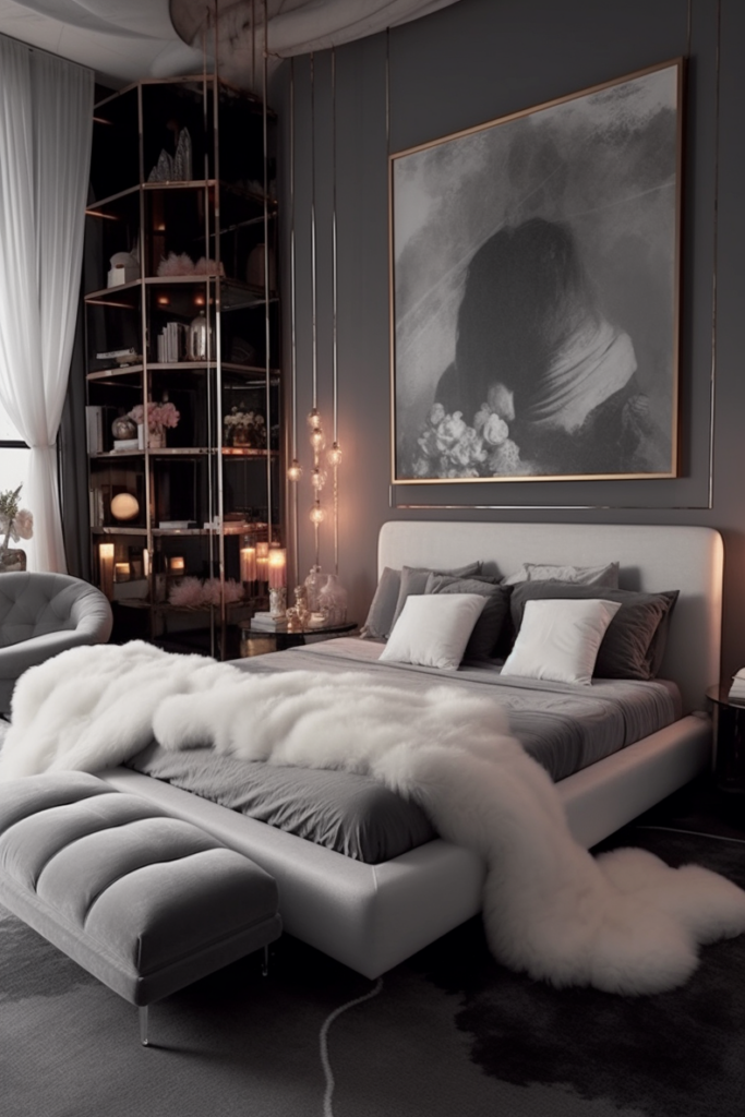 A boujee apartment bedroom with a fur rug.