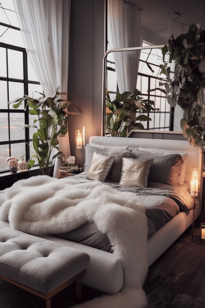 A boujee apartment bedroom with a white bed and a fur rug.