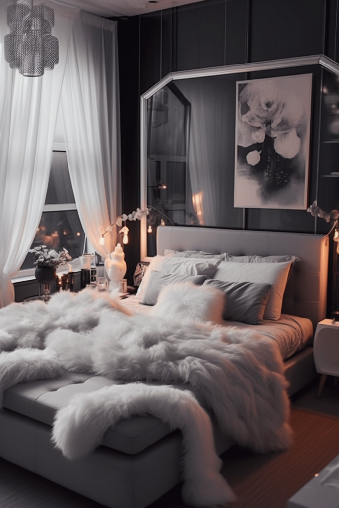 A boujee bedroom with a furry bed in a black and white color scheme.