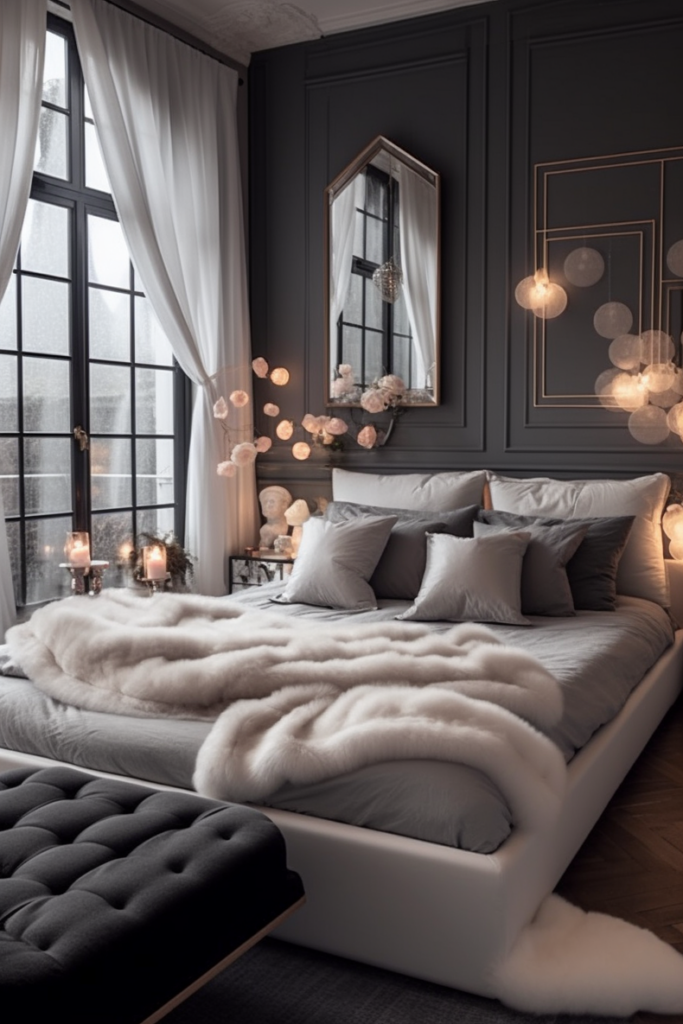 A boujee apartment bedroom with black walls and white furniture.