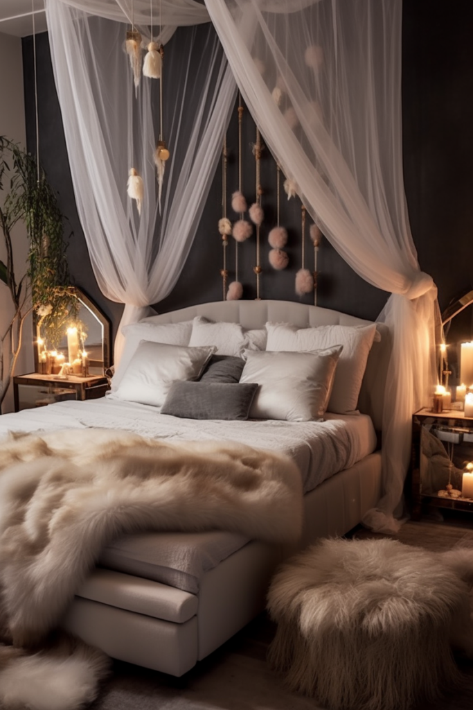 A boujee bedroom with a white canopy.