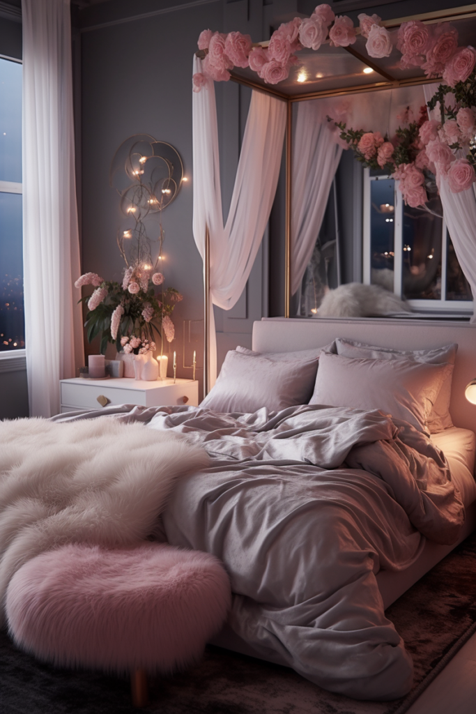 A boujee bedroom with a canopy bed and pink flowers.
