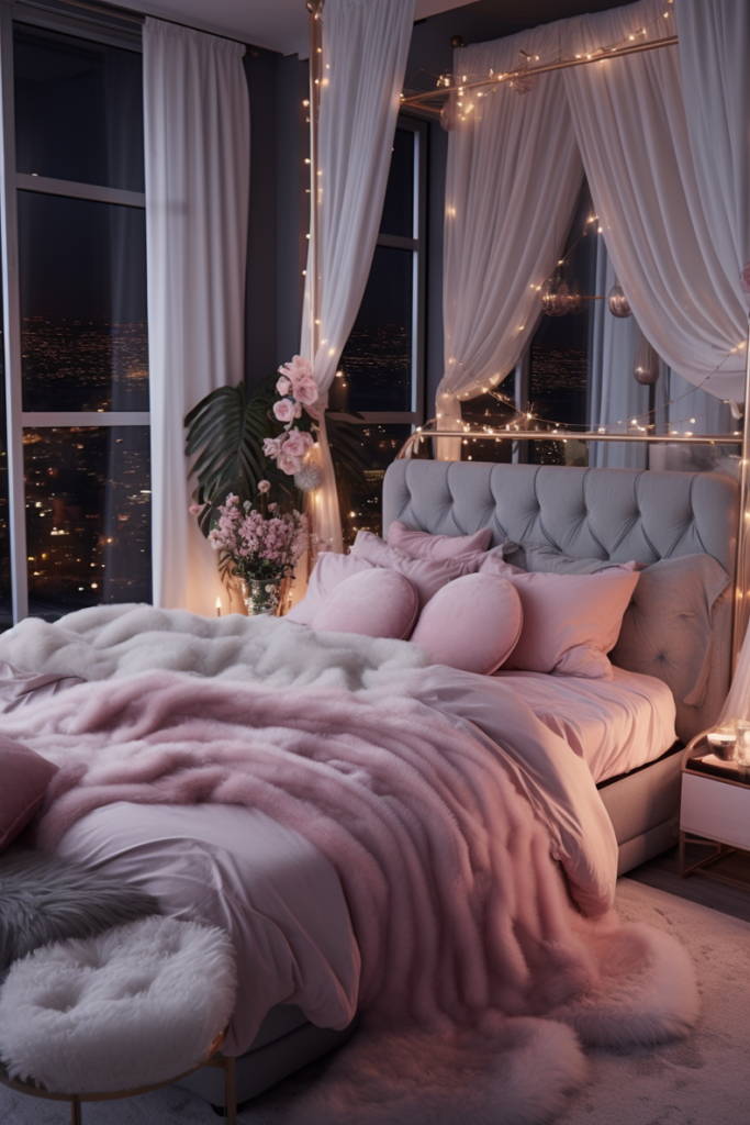 A boujee pink and white bedroom with a view of the city in a luxurious apartment.