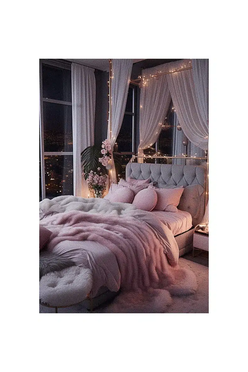 A boujee apartment bedroom with a pink bed.