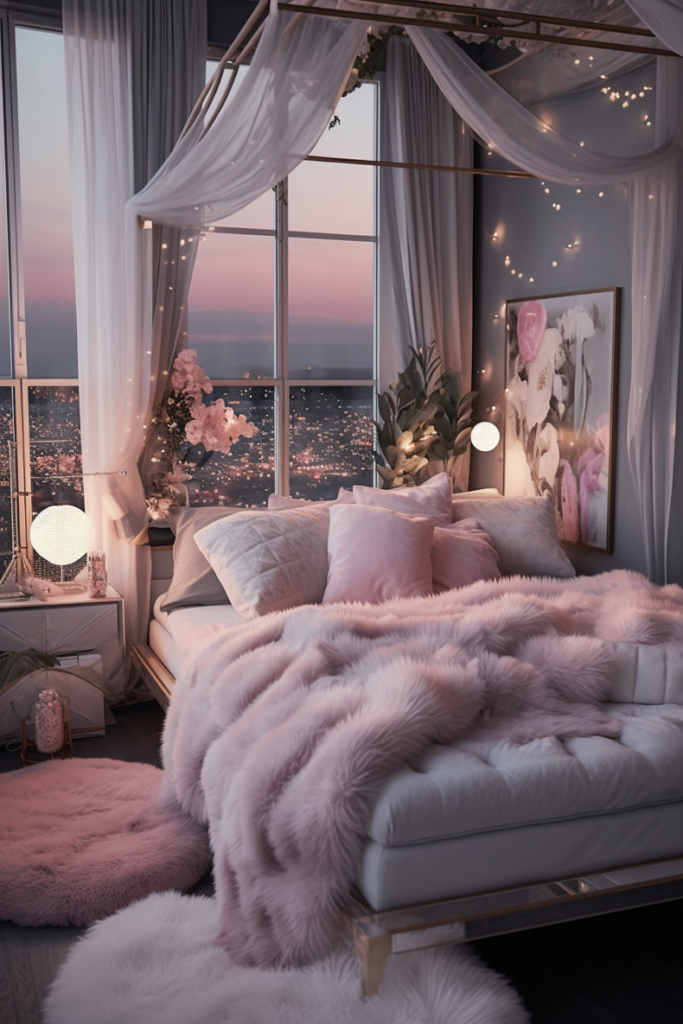 A boujee apartment bedroom with a pink and white canopy bed.