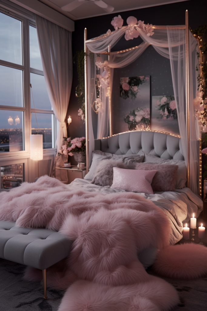A boujee apartment bedroom furnished with a canopy bed and adorned in pink fur accents.