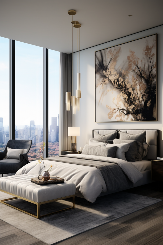 A boujee bedroom with a view of the city in a modern apartment.