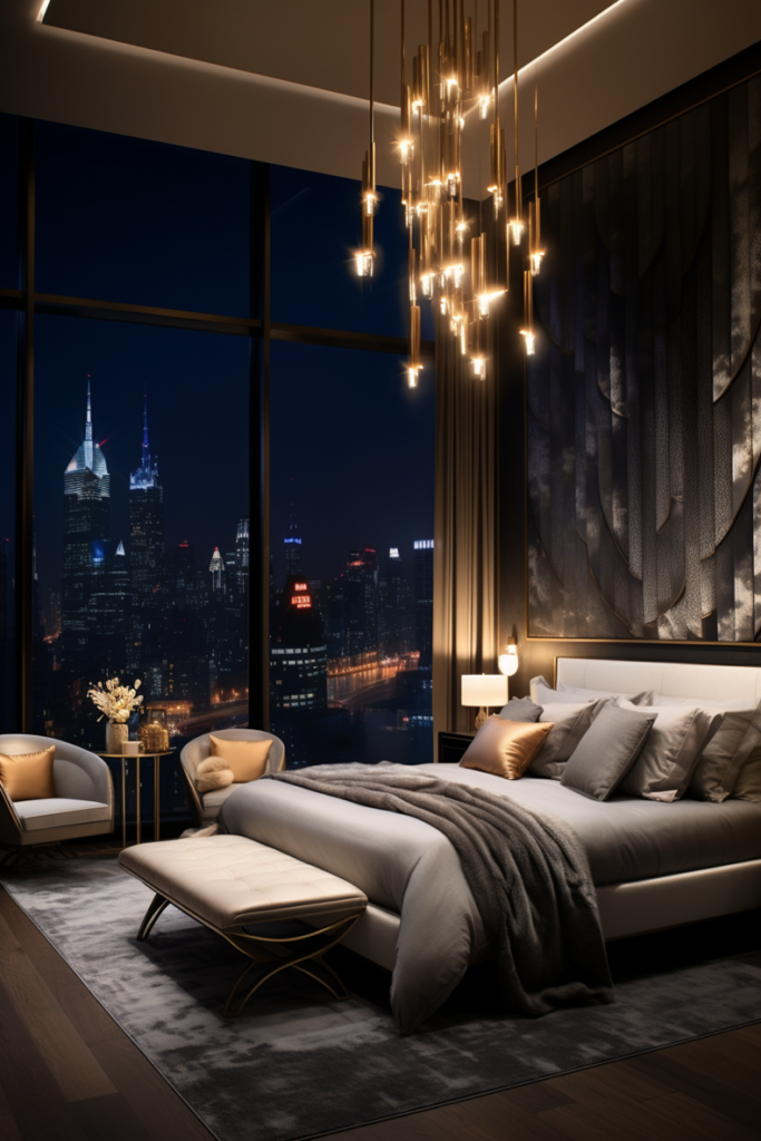 A boujee apartment bedroom with a view of the city.