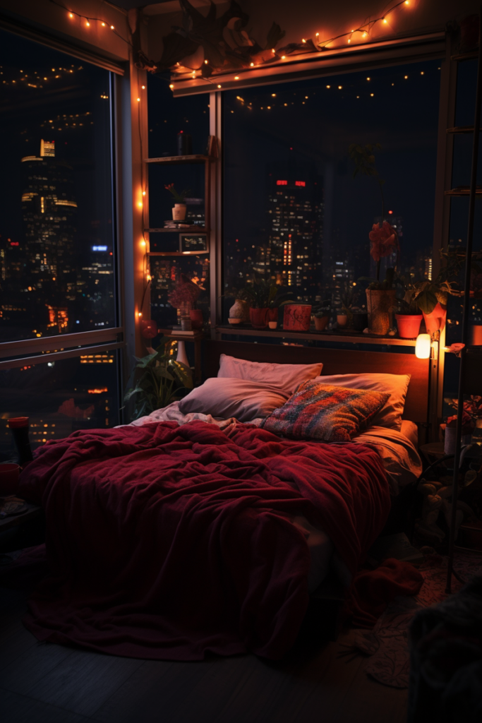 A boujee bedroom in an apartment with a view of the city.