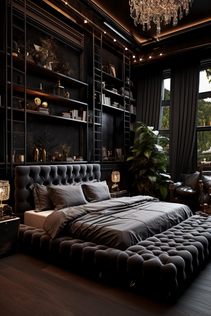 A boujee apartment bedroom with a chandelier and a bed.