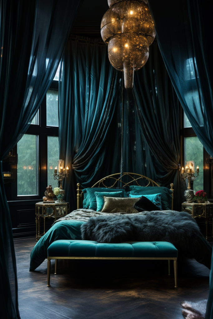 A boujee bedroom with teal curtains and a chandelier in a modern apartment.