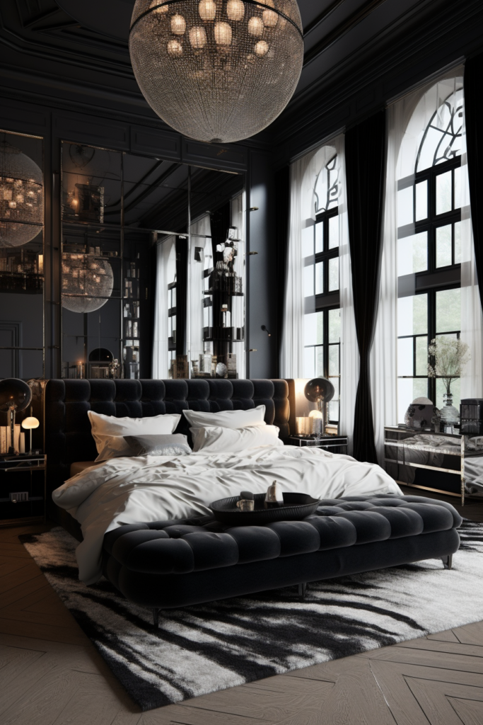A boujee black and white apartment bedroom adorned with a stunning chandelier.