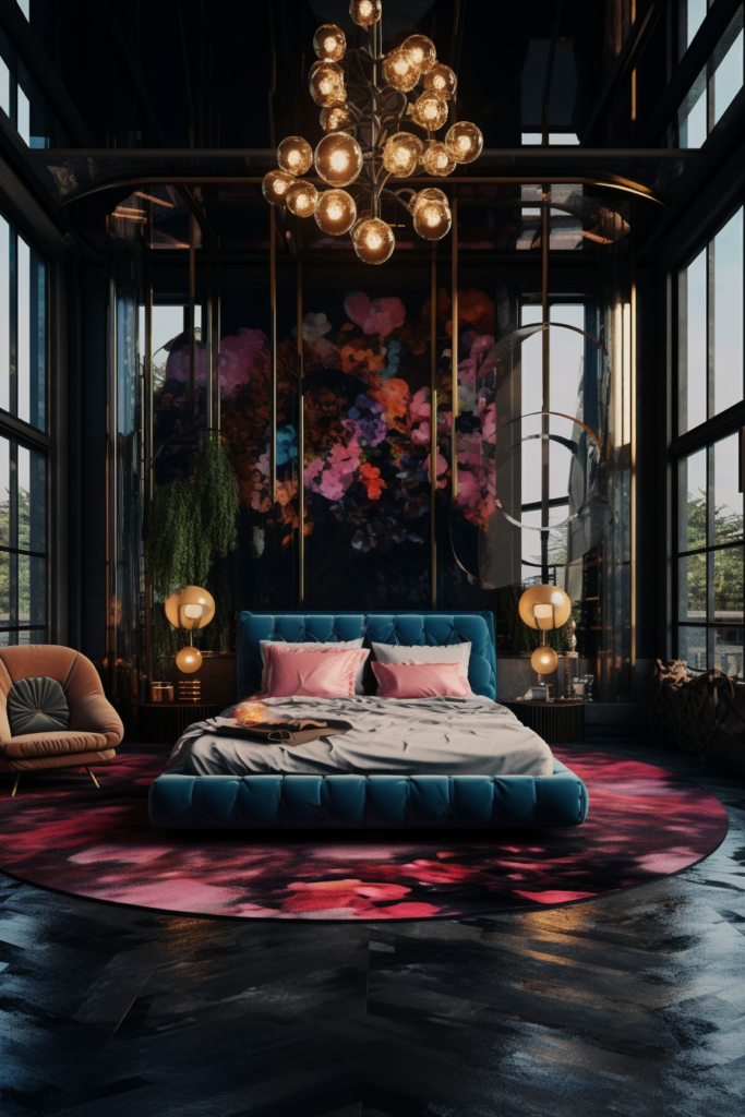 A boujee apartment bedroom with a large bed and a chandelier.