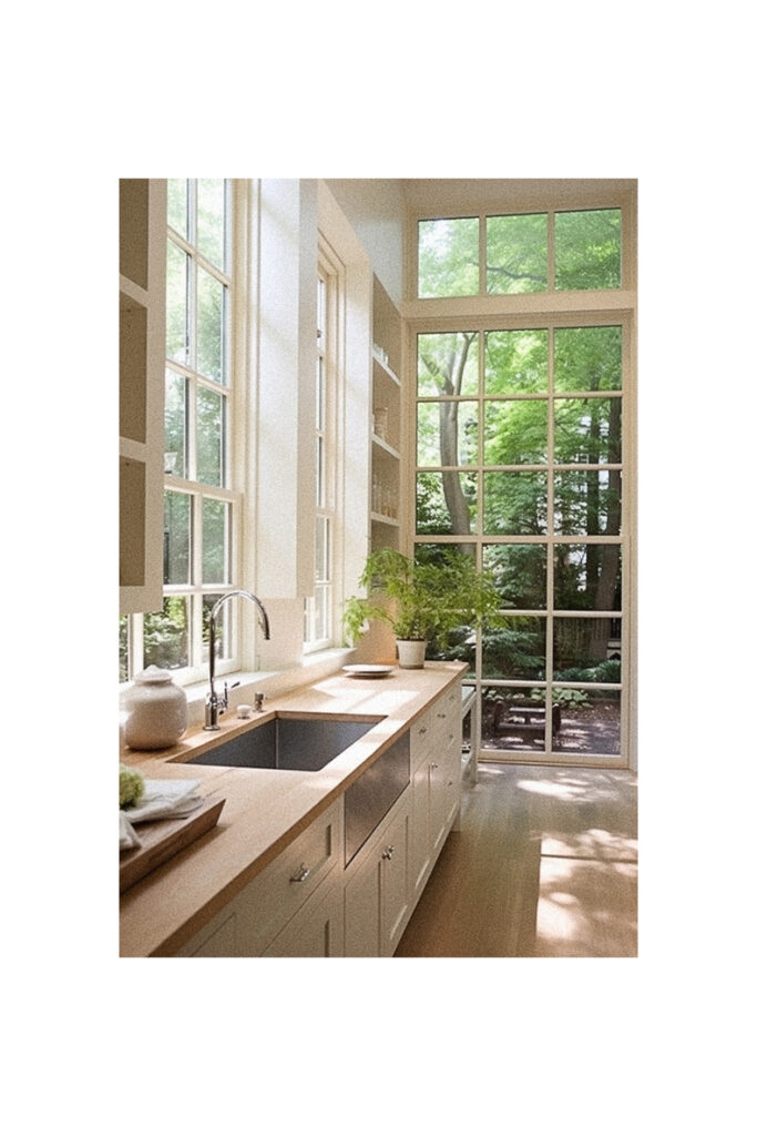 A kitchen with large windows and a sink, featuring window over sink.