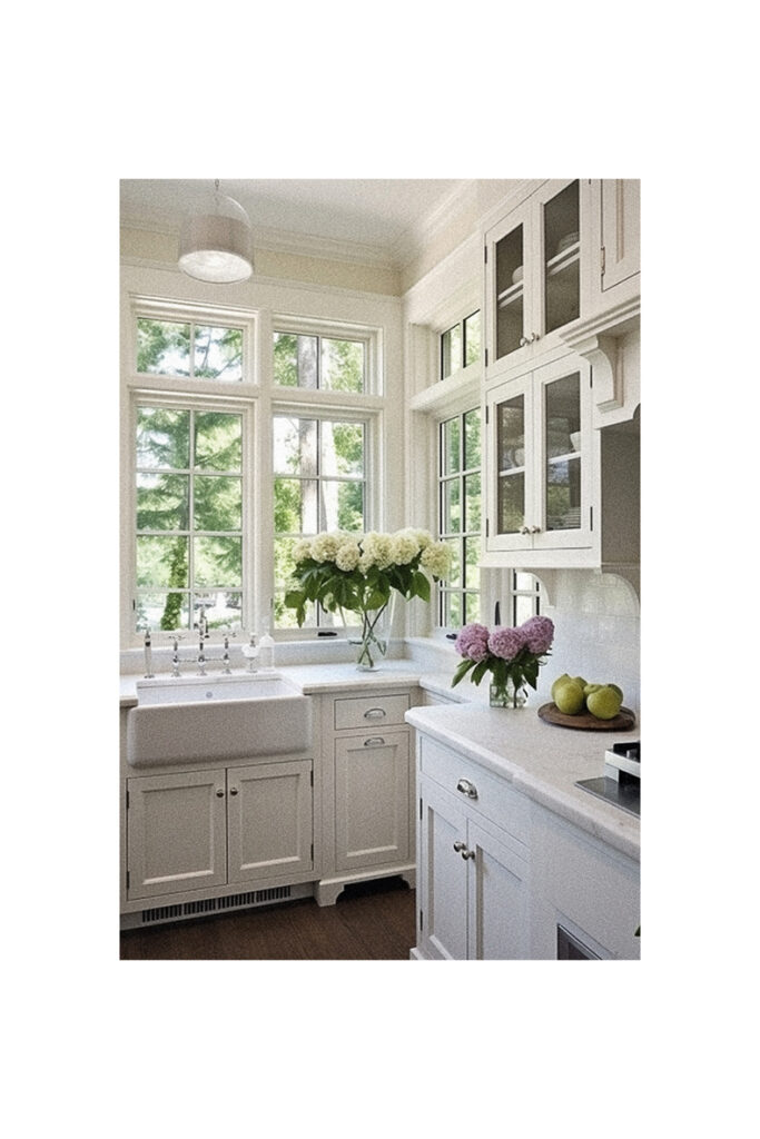 A kitchen layout with white cabinets and a window over the sink.
