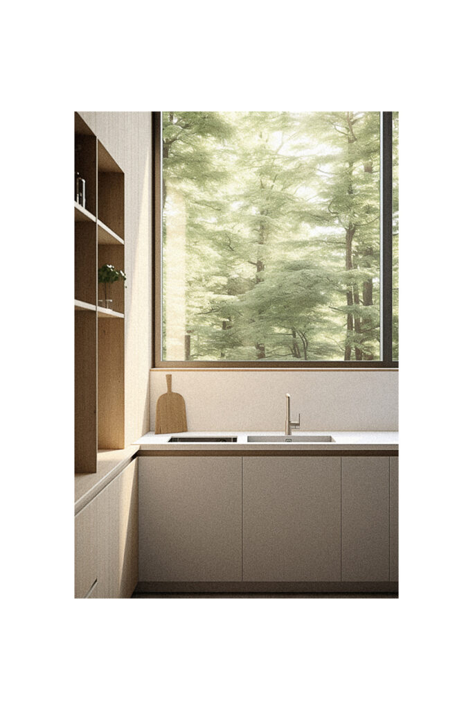 A kitchen layout with a view of the woods.