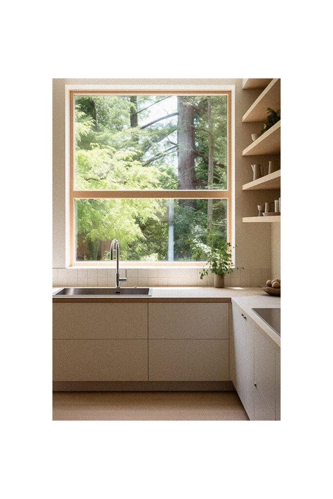 A kitchen layout idea with a large window over the sink.