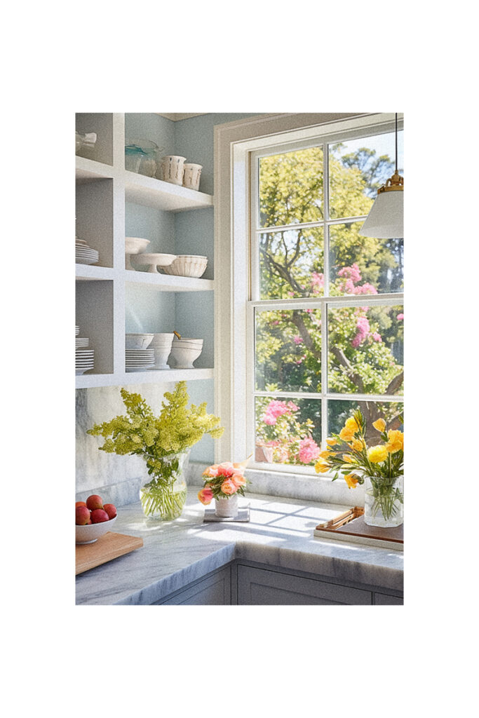 A kitchen with a window over the sink and flowers in the window.