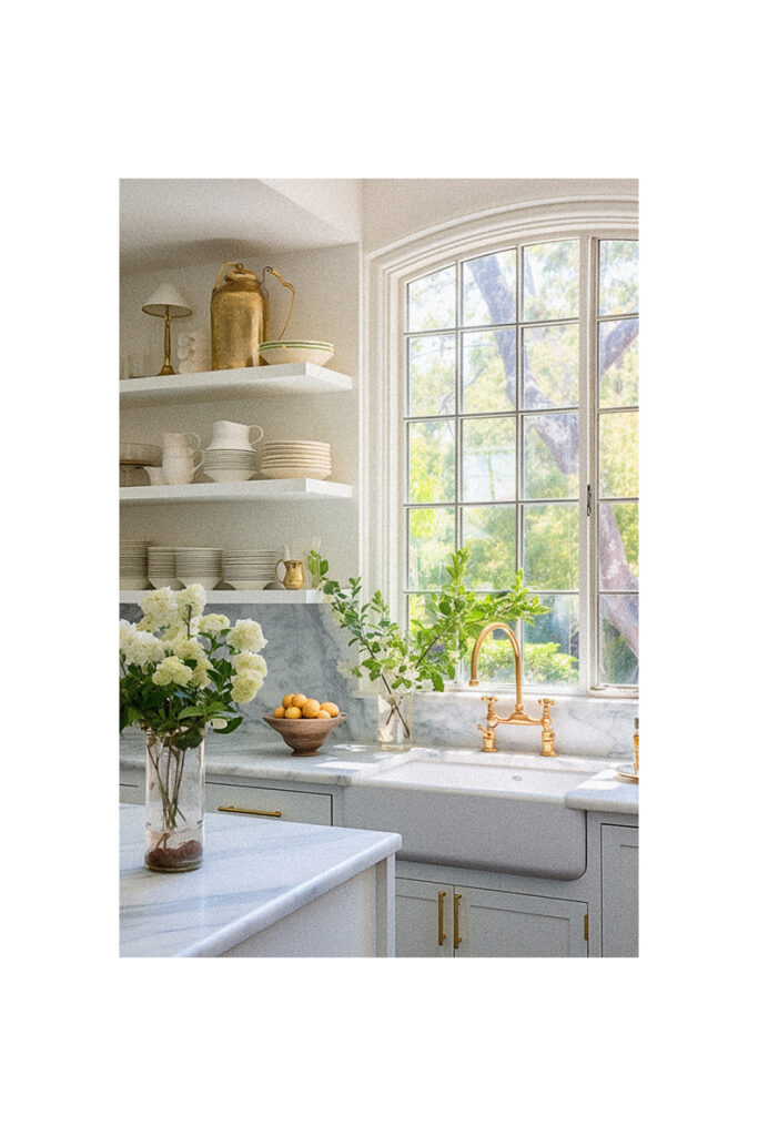 A white kitchen with a window over the sink and flowers.
