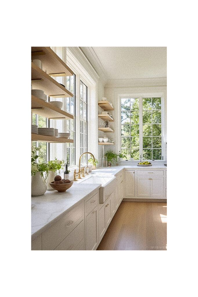 A bright kitchen with ample windows and shelves.